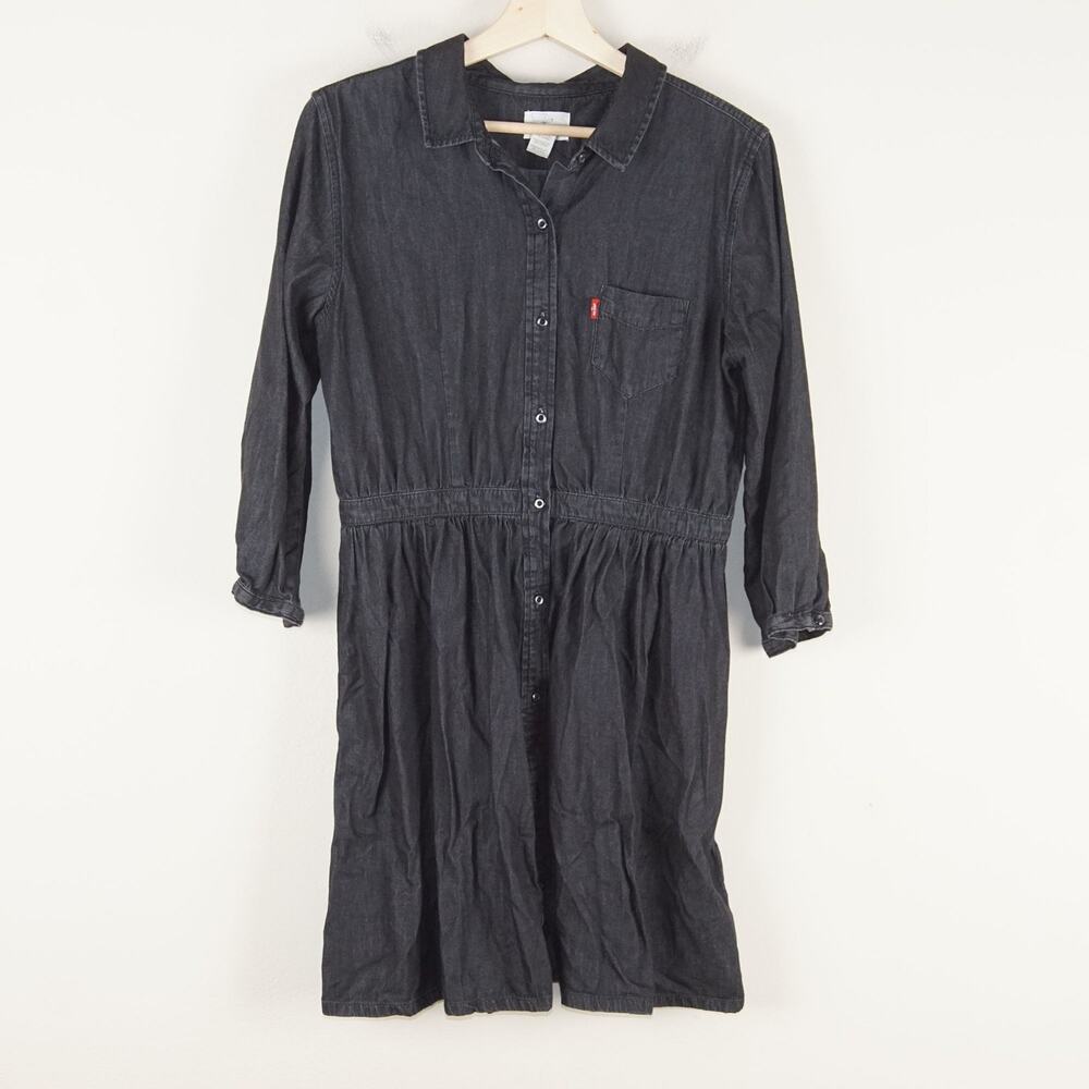Levis Black Denim Chambray Button Up Long Sleeve Above Knee Dress Girls L 12-14